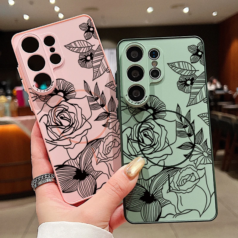 Schwarzes Blumenmuster Magnetische Handyhülle für Samsung Galaxy S25 S26 Ultra Edge S24 S23 FE A17 A56 A37 A16 A55 A15 A36 A55 Cover