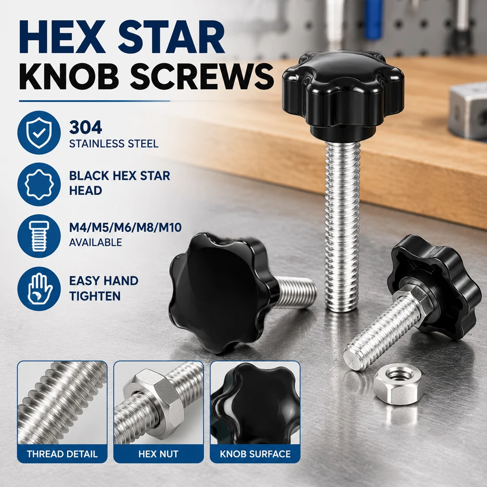 5/10Pcs Star Shape Thread Clamping Screw Bolt M4-M10, Carbon Steel Hand Knob Thumb Handle Machine Screw for Industry Equipment