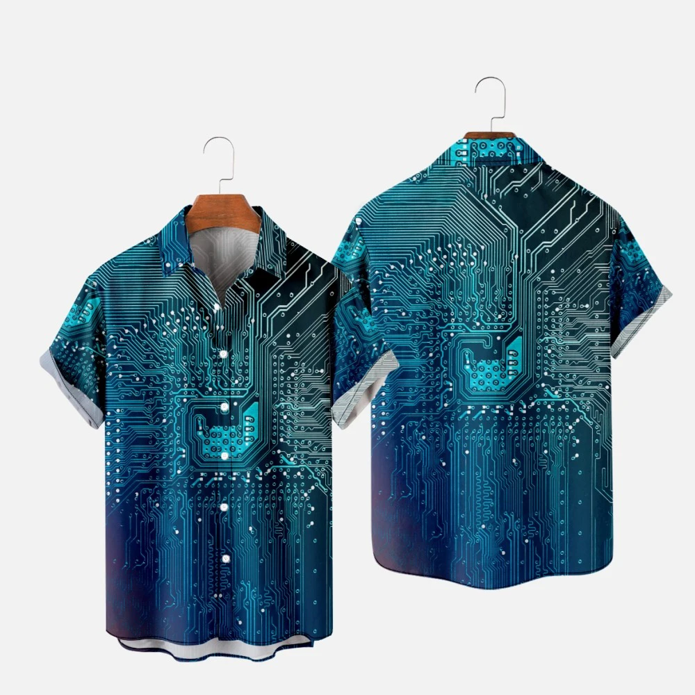Man Hawaiian Button Up Shirts Hombre Fashion Shirt Circuit Board 3D Printed Warm Casual Short Sleeve Beach Oversized Clothes