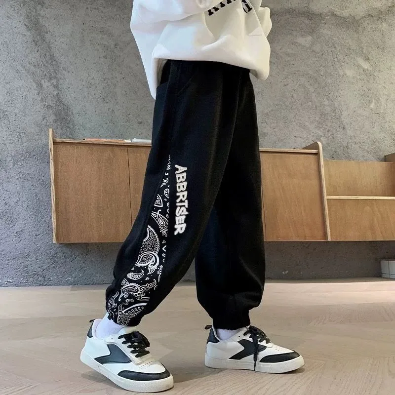 

2025 New Kids' Sports Hoodie Pants with Embroidery - Loose Fit for Big Boys, Spring Autumn Athletic Joggers