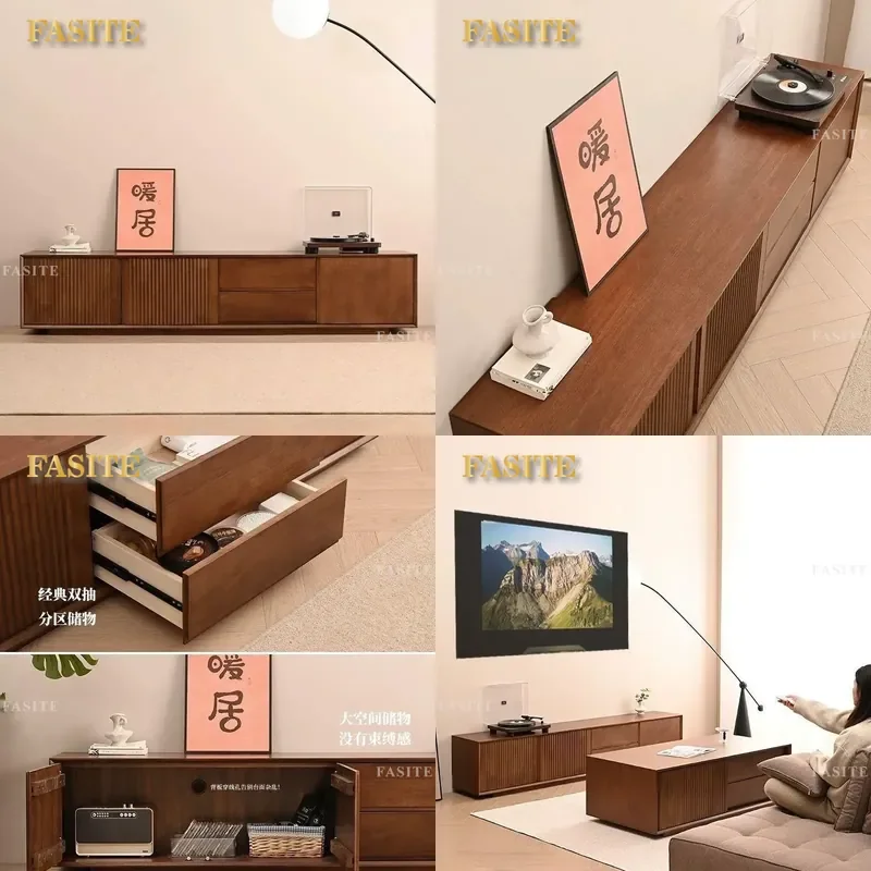 For Solid Wood TV Cabinet Simple Modern Living Room Floor to Ceiling Storage Small Apartment Coffee Table Combination Locker
