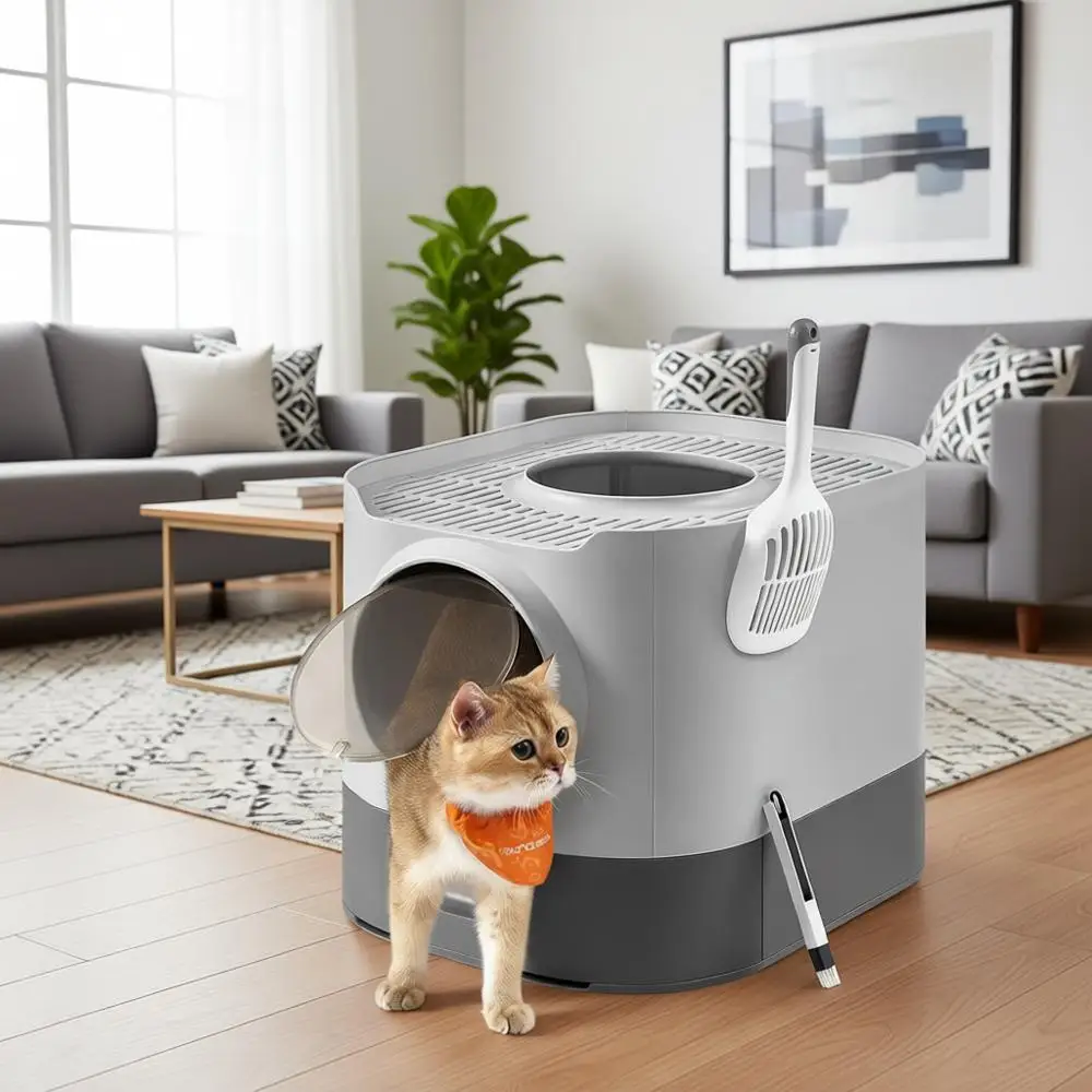 

XL Enclosed Litter Box with Slide-Out Tray, Scoop, Brush, Anti-Tracking, for Cats of Different Sizes, Dove Gray and Slat Gray