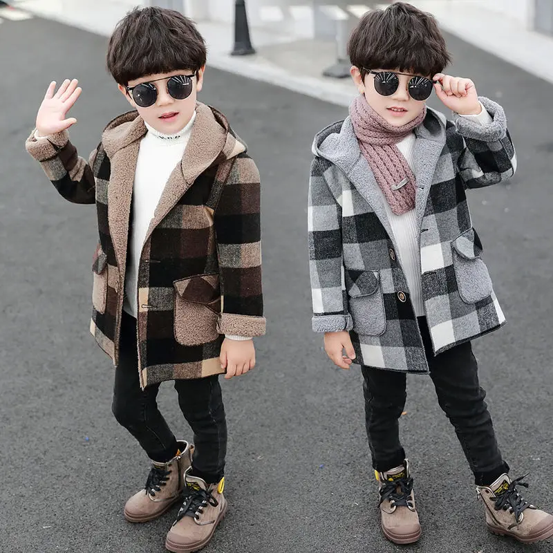 

Fashion Boys Clothing Jackets Autumn Winter Parka Clothes Medium Long Coat Windbreaker Plaid Thicken Lamb Children Woolen Coats