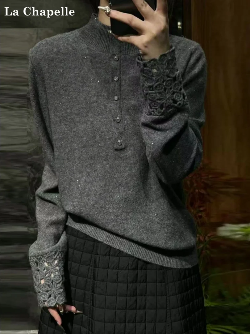 

La Chapelle ey вышитый ажурный свитер с высоким воротником, женская модная трикотажная одежда, весенне-осенне-зимняя верхняя одежда