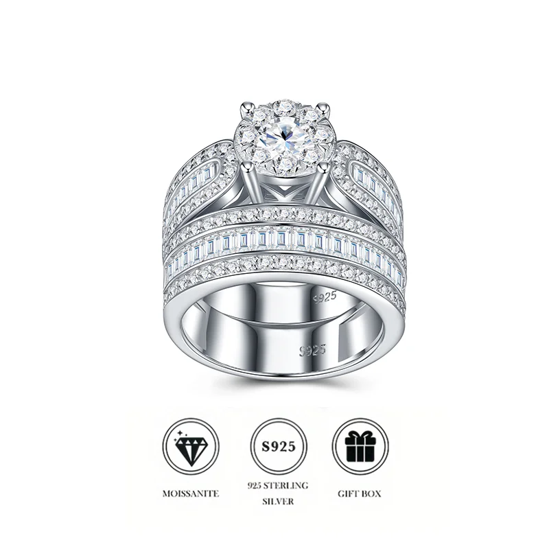 

Premium 925 Sterling Silver Moissanite Ring Set – Stackable Engagement & Wedding Rings with Round Center Stone & Channel Set Bag