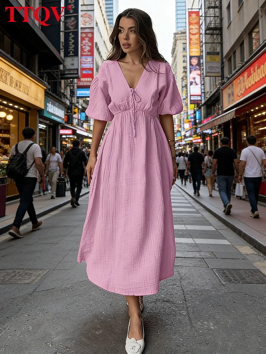 

TTQV Summer Loose Apricot Cotton Women Dress 2025 Sexy V-Neck Short Sleeve Ankle Length Dresses Elegant Lace-Up Female Dress