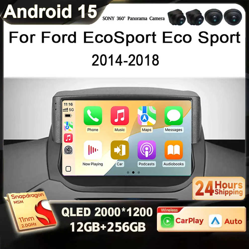 Radio Autoestéreo con Pantalla QLED 2K Android 15 para Ford EcoSport 2014-2018, Reproductor Multimedia con Carplay, Navegación LED