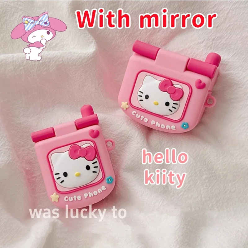 hello kiity cartoon flip mirror phone suitable for apple earphone protective cover airpodspro2 wireless bluetooth shell silicone