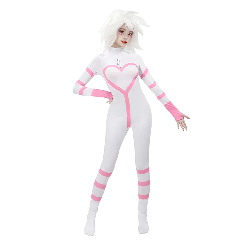 DAZCOS Women Angel Dust Cosplay Bodysuit Costume Jumpsuit Anime White Outfit for Halloween Cosplay Costumes