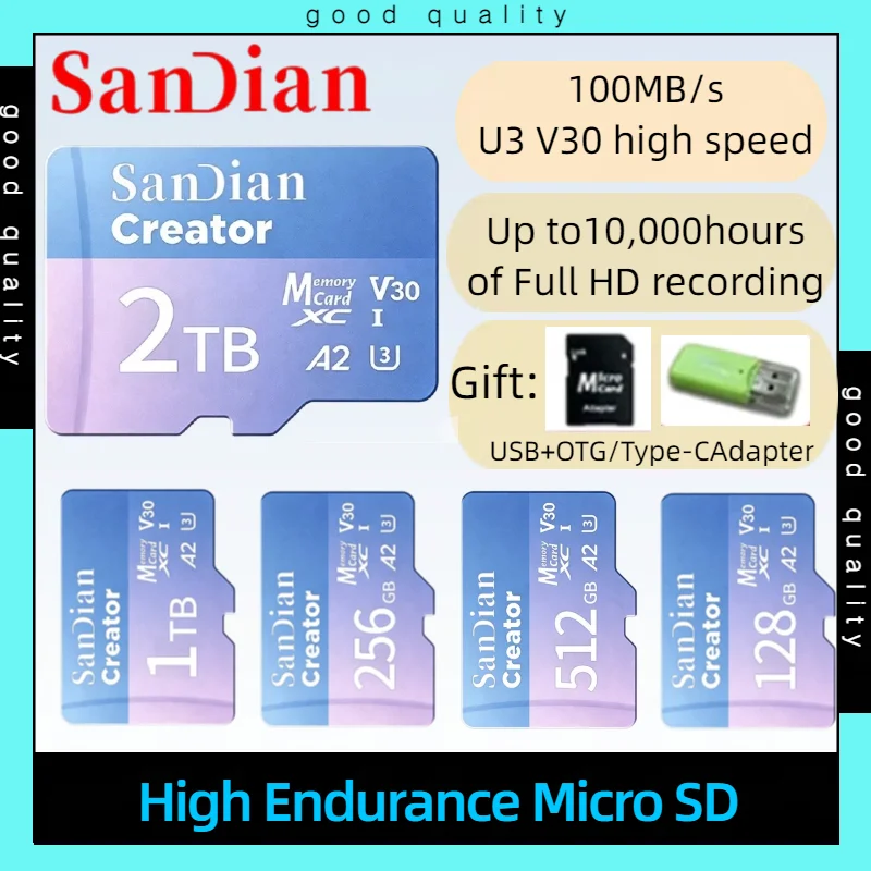 V30 A2 High Speed Micro TF SD Card 128GB‑1TB Max 190Mb/s SDXC Memory Card for 4K Drone Dash Cam Home Surveillance Camera