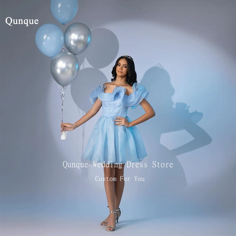 

Qunque A-line Mini Organza Prom Dresses Off Shoulder Short Ruffles Sleeves Vestidos De Gala Cocktail Dress for Women Customized