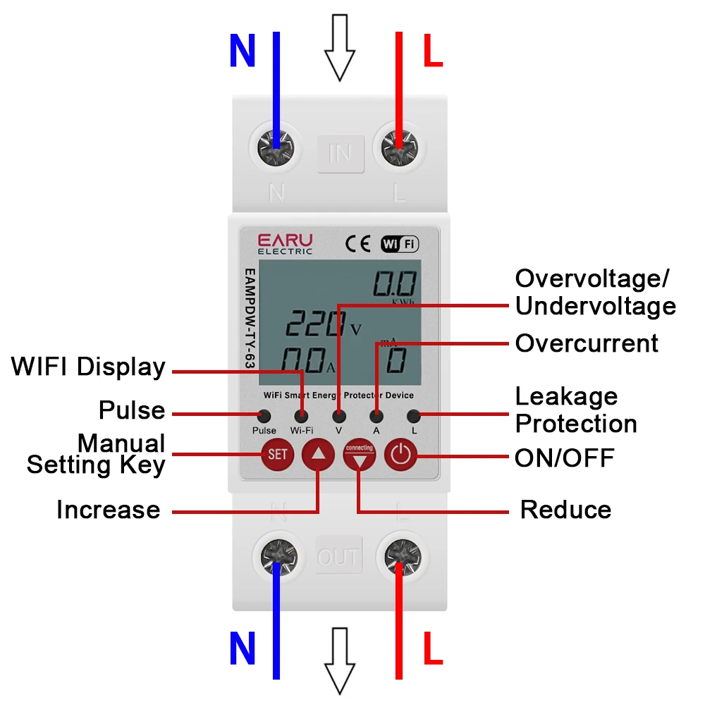 2P 63A 230V Tuya WiFi Smart Energy Meter Power kWh Meter Earth Leakage Over Under Voltage Protector Relay Device Switch Breaker