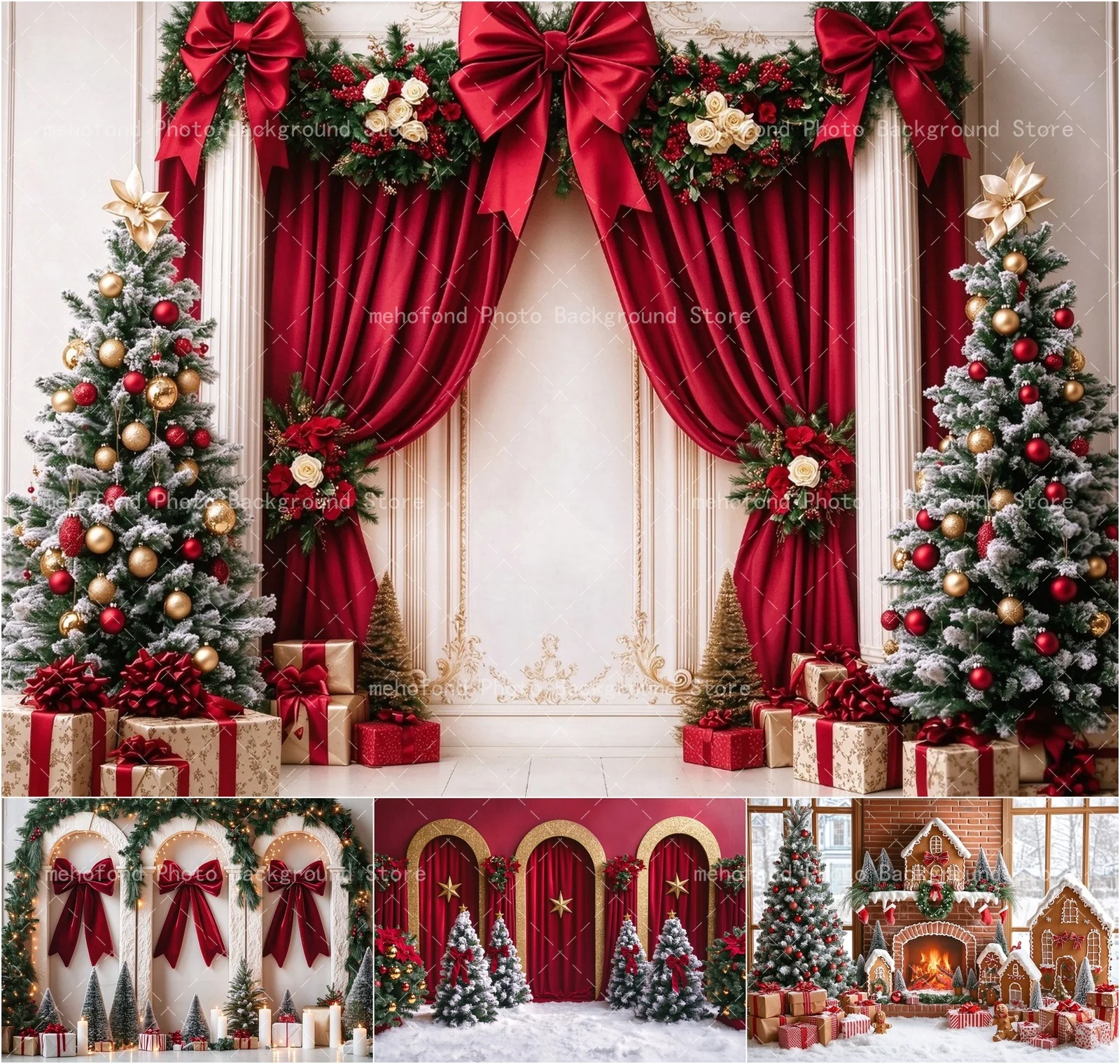 Mehofond Rote Satinschleife Weihnachtsfotografie Weihnachtsbaum Blumen Goldene Sterne Kindergeburtstag Familienporträt Hintergrunddekoration
