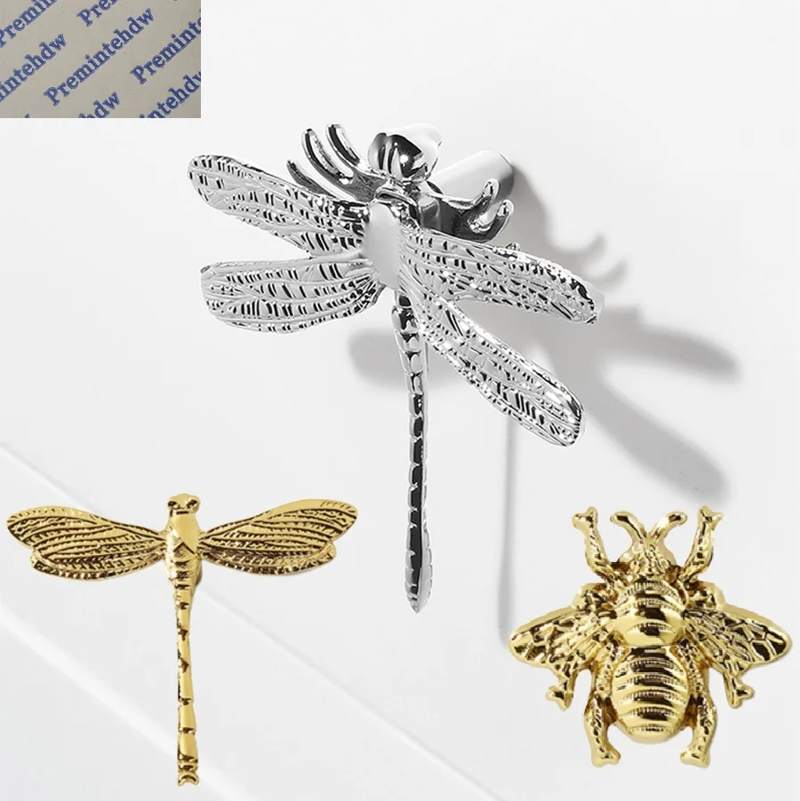 

2Pcs Brass Dragonfly Bee Pattern Cabinet Pull Knob Gold Silver