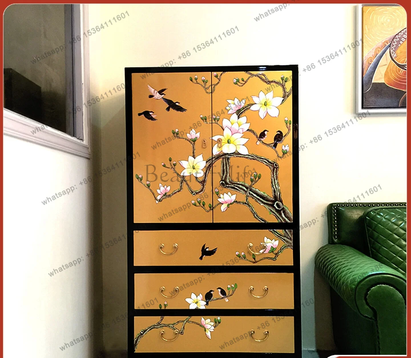 

Painted new Chinese style neoclassical storage double door large storage chest bookcase