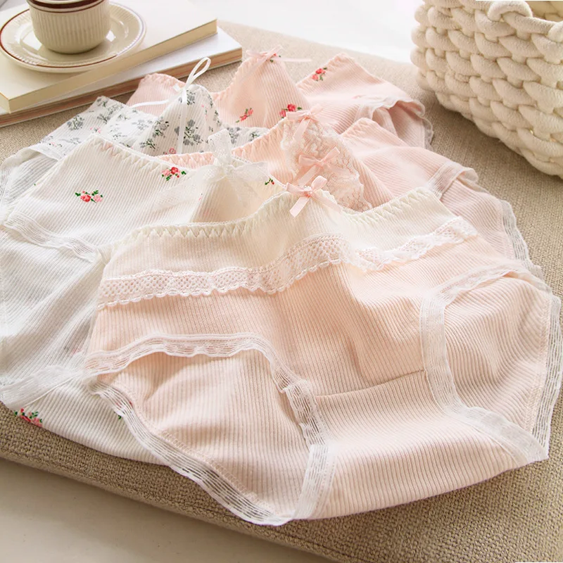 Pure Sweet Pure Desire Bow Floral Lace Girl Panties Mid Waist Cotton Crotch Soft Comfy Skin Friendly Butt Wrapping Briefs 3pcs