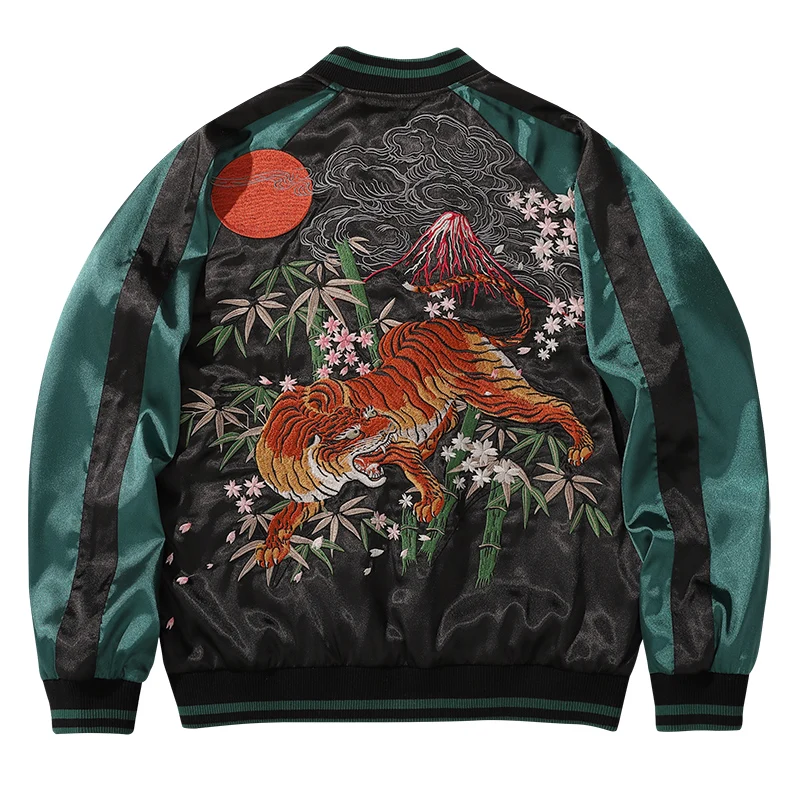 

New High Street Fashion Men Boys Tiger Bamboo Sakura Heavy Work Embroidered Green Sukajan Souvenir Jacket Coats Vintage Casual