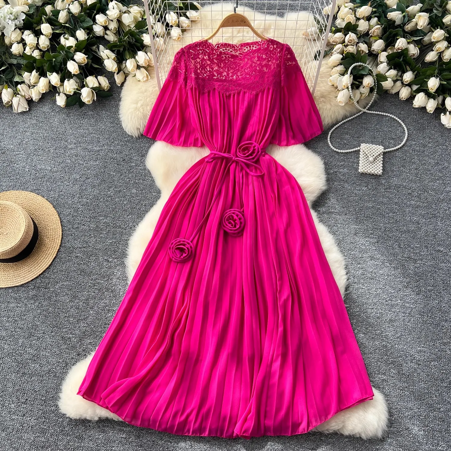 

Summer Holiday Pleated Long Dress For Women Fashion O-Neck Lace Patchwork Party Robe Female Big Swing Sashes Oversize Clothes