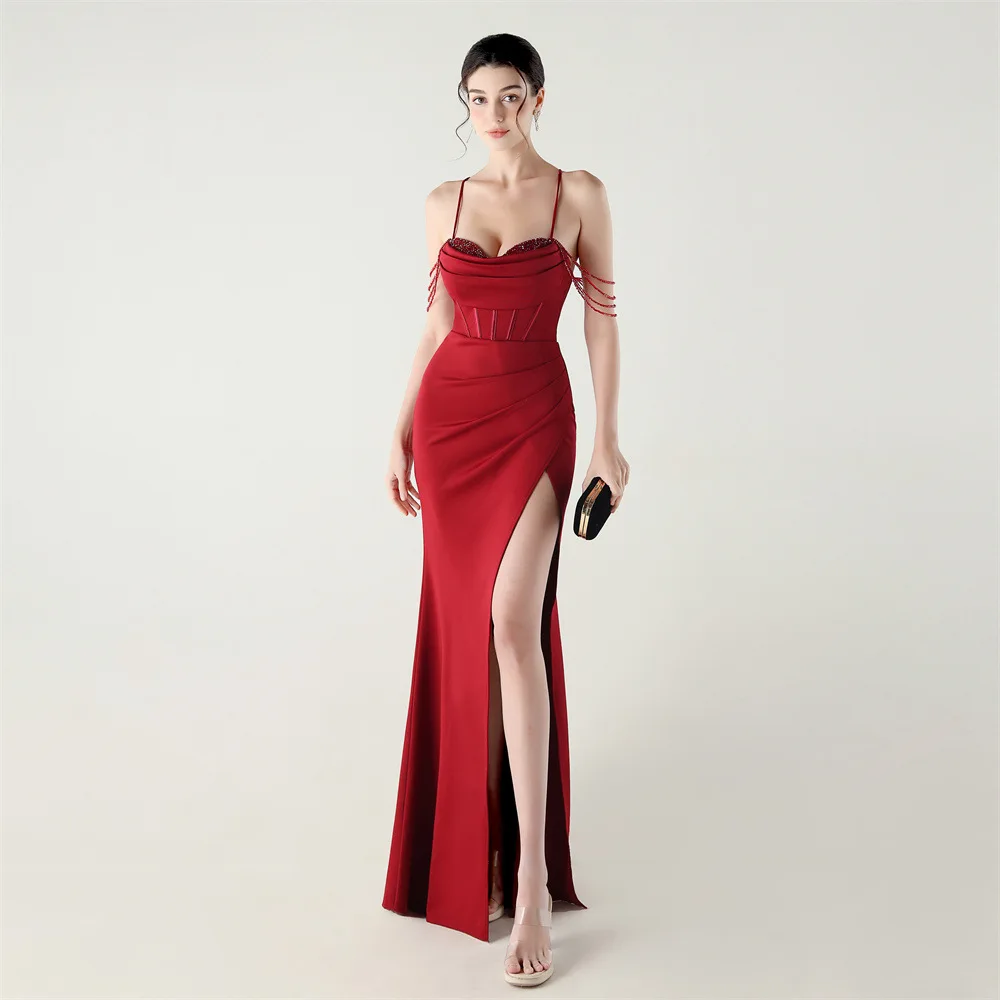 DEERVEADO Women's Strap Soft Satin Evening Dress with Beads Sexy Mermaid Slit Party Dresses Long Formal Occasion Dress Gala image 6