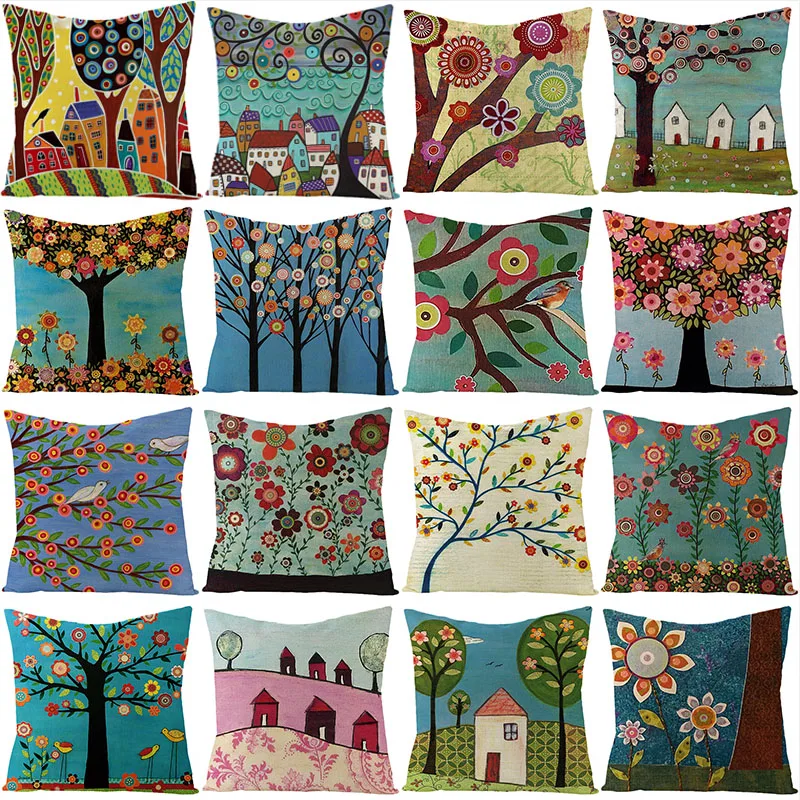 Abstract Floral Cushion Cover Hand Painted Oil Painting Tree Decorative Pillowcase Sofa Cushions Color Cotton Linen Home Decor