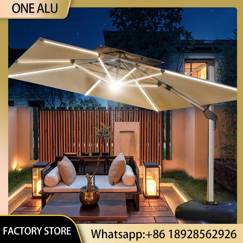 Offset Cantilever Patio Umbrella with LED Lights, Rectangle Outdoor Parasol with Fillable Base, UV50+ Waterproof，EU Compliant