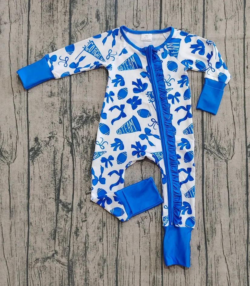 

9.6 Wholesale Infant Children Long Sleeves Girl Zipper Footie Romper Kids Blue Bows Clothes Toddler Newborn Coverall Bodysuit