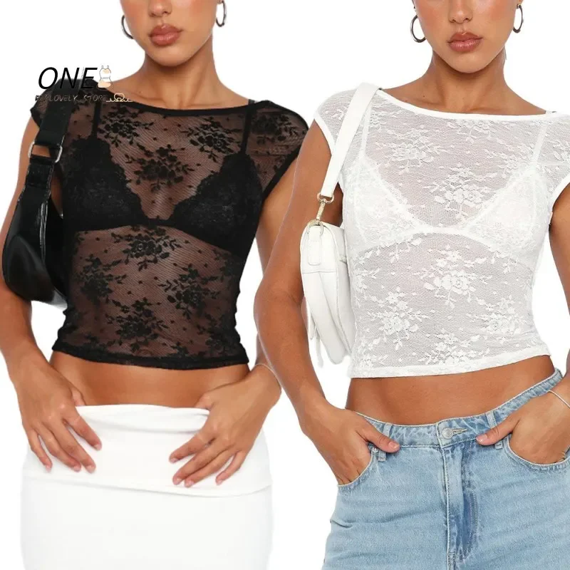 Women White Black Lace T Shirts Flower Aesthetic Clothes See Through Mesh Crop Top Short Sleeve Y2k Camisetas