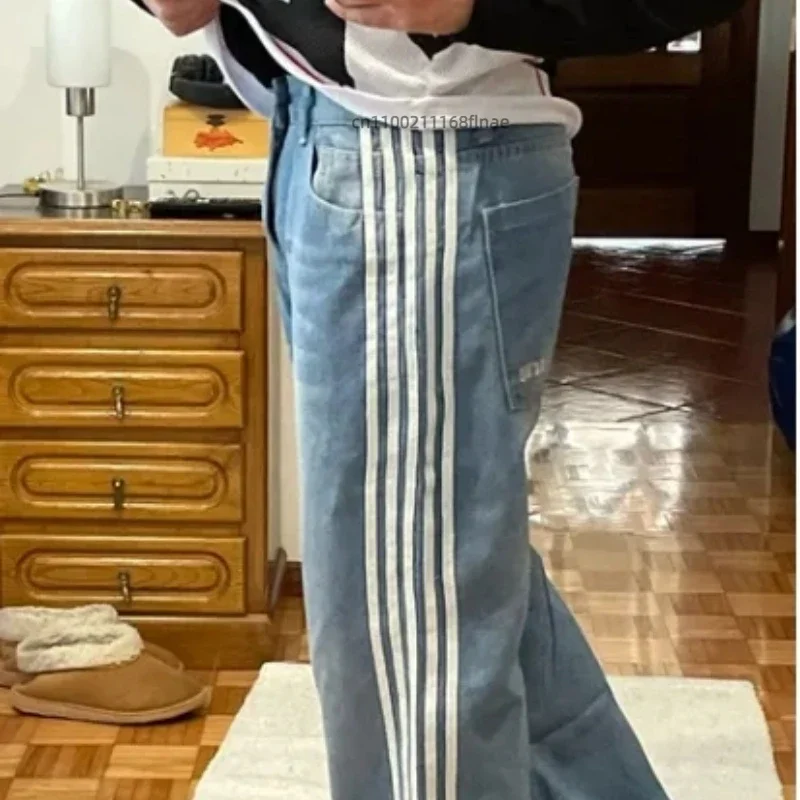 Costumi di danza di strada, pantaloni a gamba larga a gamba dritta a righe, pantaloni casual larghi, jeans hip-hop da strada con personalità retrò americana