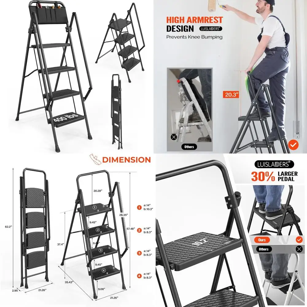سلم قابل للطي بأربعة خطوات مضاد للانزلاق مع دواسات واسعة ودرابزين، مقعد خفيف الوزن بسعة 400 رطل للاستخدام في المنزل والمكتب #1