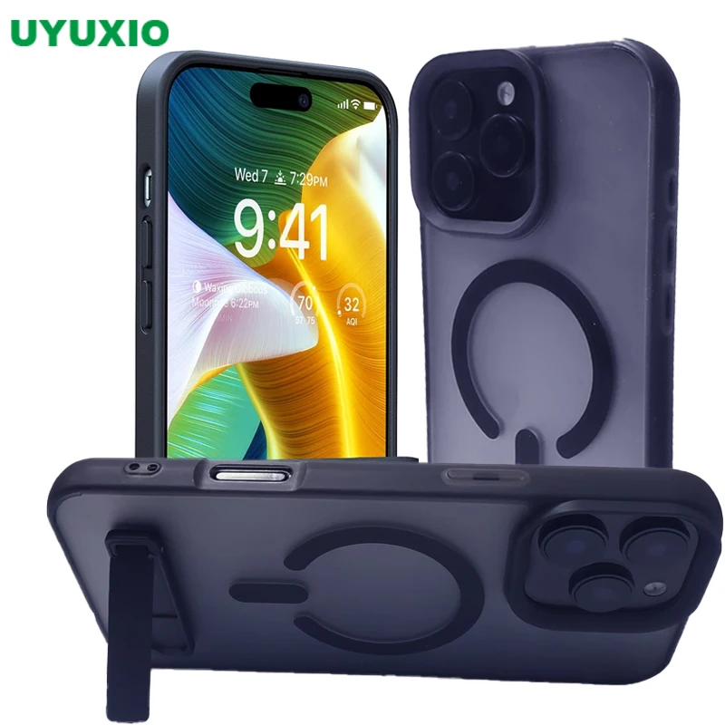 UYUXIO Magnetic Phone Case with Kickstand for iPhone 16 15 14 Pro Max 13 12 11 Stand Cases Shockproof Back Cover with Holder