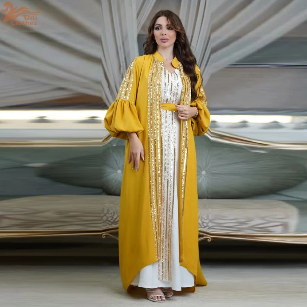 

Uni Fashion Arab Muslim Party Long Dress Abaya Female 2 Piece Set Belt Sequins Puff Sleeve Maxi Moroccan Women Clothing