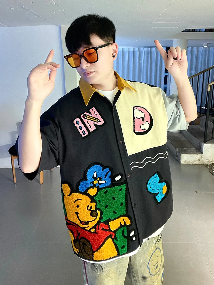 

Cartoon Bear Embroidered Loose ort Sve irt ex American Retro Sle Breathable Cotton Summer Faion Casual irt