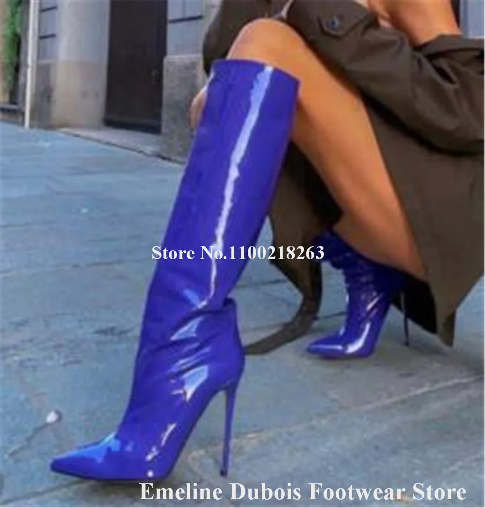 Blue Knee High Boots Emeline Dubois Sexy Pointed Toe Patent Leather Stiletto Heel Long BootsSexy Shining High Heel Party Boots