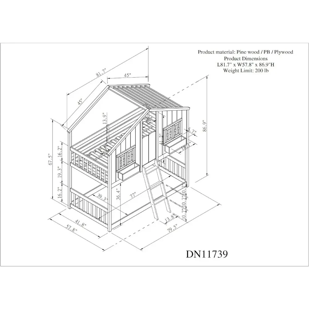 Rumah tempat tidur susun kayu kembar di atas bingkai tempat tidur susun ganda dengan atap, jendela, pintu dan kotak penyimpanan, tempat tidur anak-anak untuk anak laki-laki