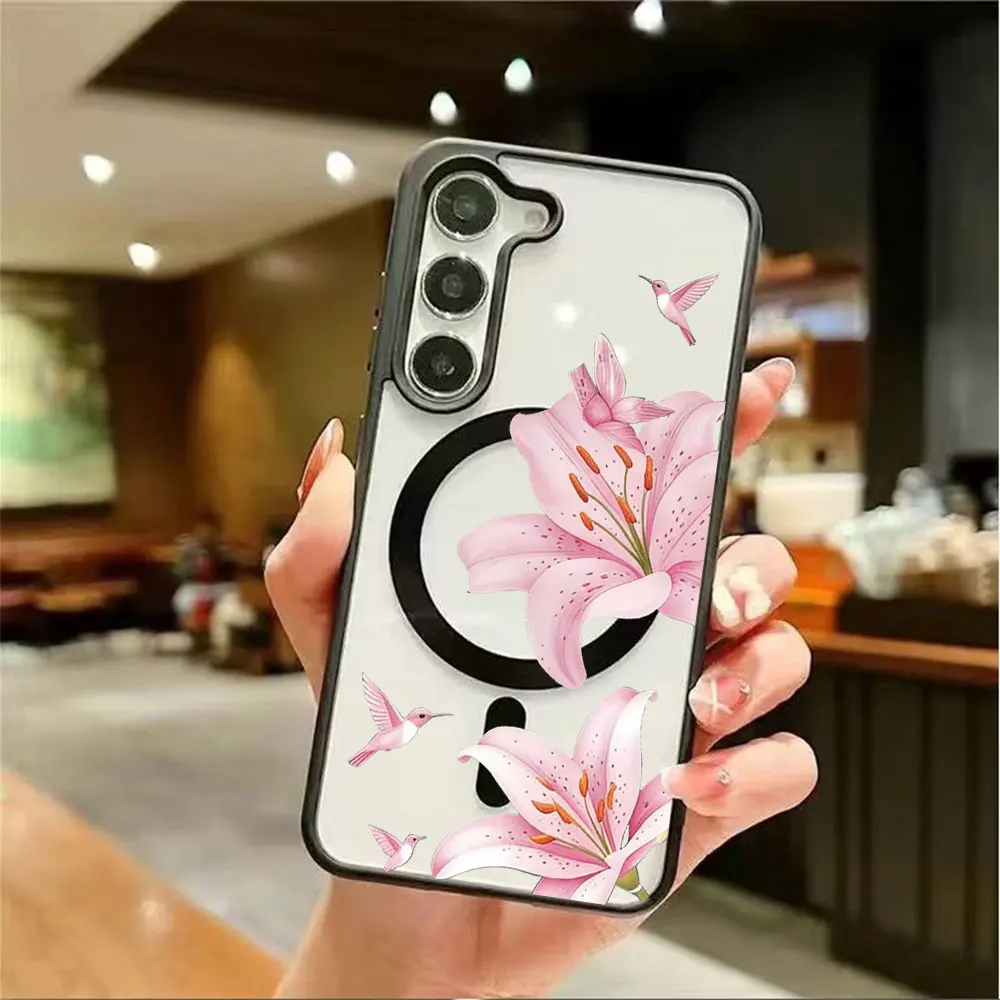 Fashion Pink Flower Pattern Magnetic Phone Case For Samsung Galaxy S26 S25 S24 S23 S22 Ultra Plus FE 5G Shockproof MagSafe Cover