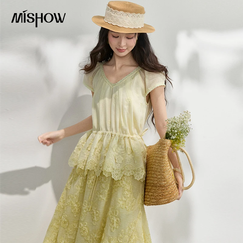 

MISHOW French Flower Embroidered Women Top Summer New 2026 V-Neck Lace Rope Cinches Waist Slimming Romantic Blouse MXF24X2625