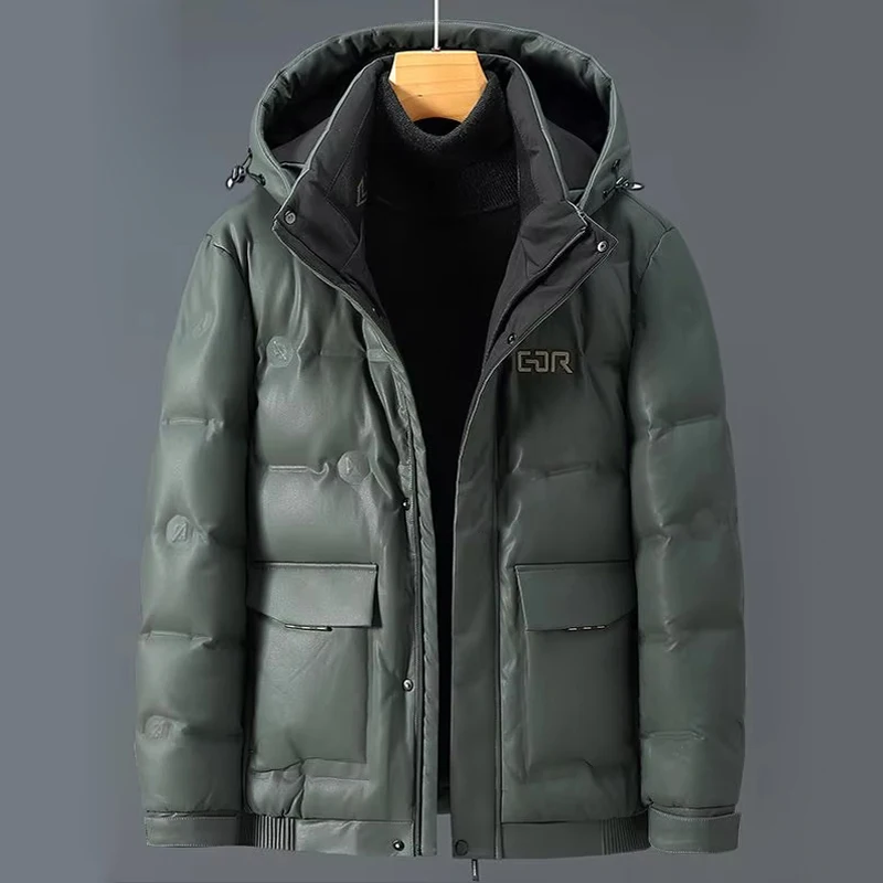 Down Jacket Men Winter Sheepskin Hooded Puffer Jacket Men Casual Warm Outdoor Waterproof No Wash Leather Jacket Down Coat Male