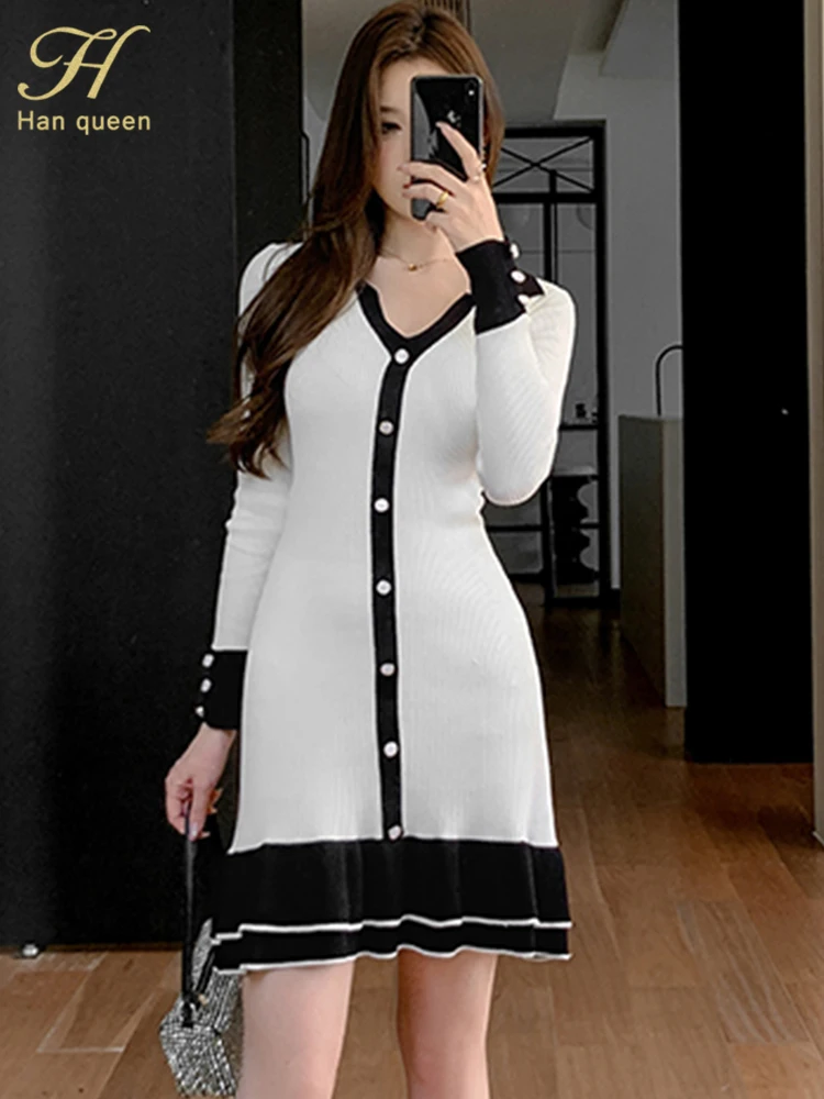 أسود أبيض المرقعة واحدة الصدر لينة فساتين الحفلات المرنة الخريف محبوك سترة كشكش غمد فستان رصاص #1