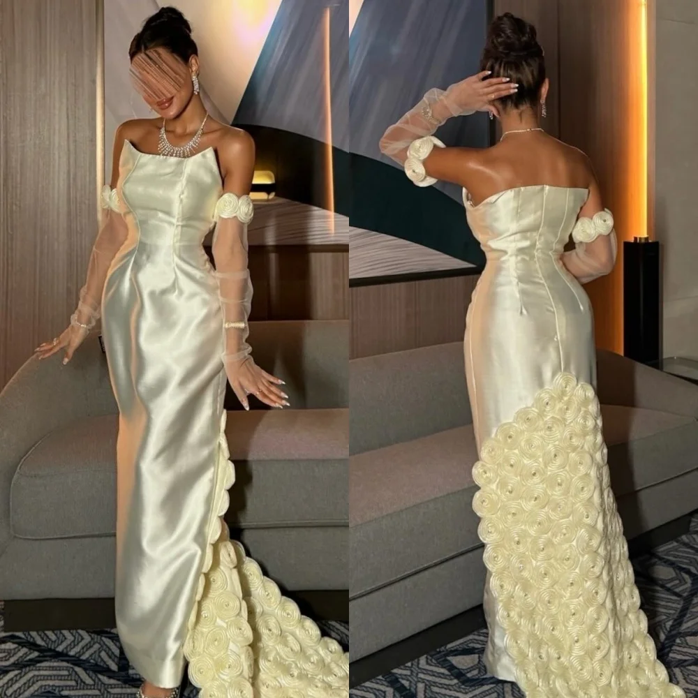 

Customized Modern Style Fashion Charmeuse Handmade Flower Pleat Mermaid Strapless Long Dresses Bespoke Occasion Dresses Formal