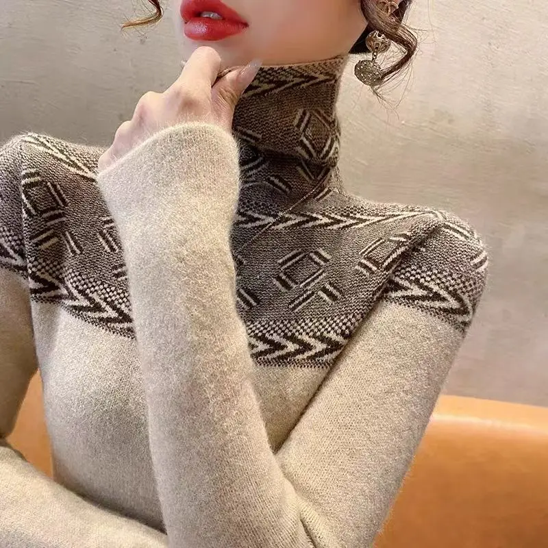 Turtleneck Temperament Bottoming Shirt Women Autumn Winter Fashion Printing Long Sleeve Sweater Casual All-match Knitting Tops