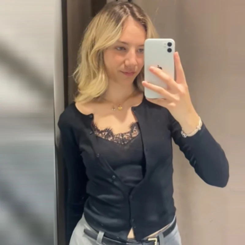 HXAO بلوزات نسائية مقصوصة من الدانتيل للخريف رمادي بيج قمصان وبلوزات جاهزة بأكمام طويلة وأزرار قمصان بلوزات على الطراز الكوري