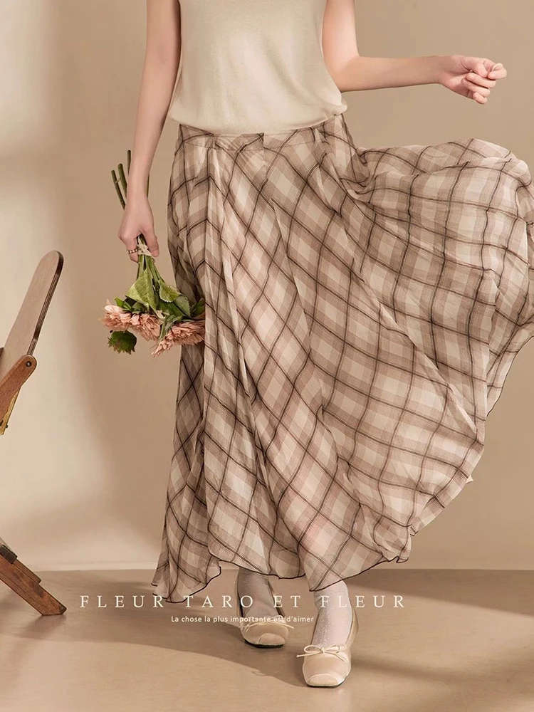 Zoki Vintage Plaid Long Skirt Women Boho Elegant High Waist A Line Skirts Casual Loose Retro Irregular Female Beach Long Skirts