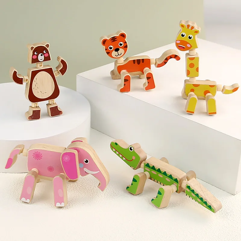 Bloques de construcción de partículas grandes de madera, Robot de dinosaurio Animal, juguetes de ensamblaje, juguetes giratorios para niños pequeños, regalo educativo