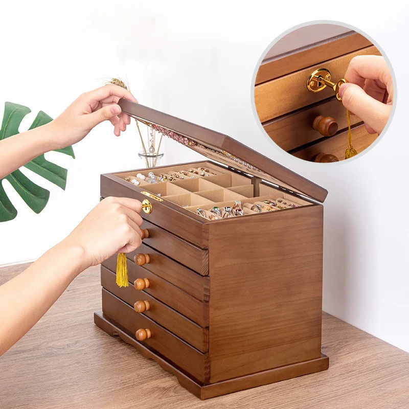 Big Size Jewelry Box Wood Women Necklace Earrings Display Case Rings Jewelry Storage Organizer Box Stand Bracelet Ring