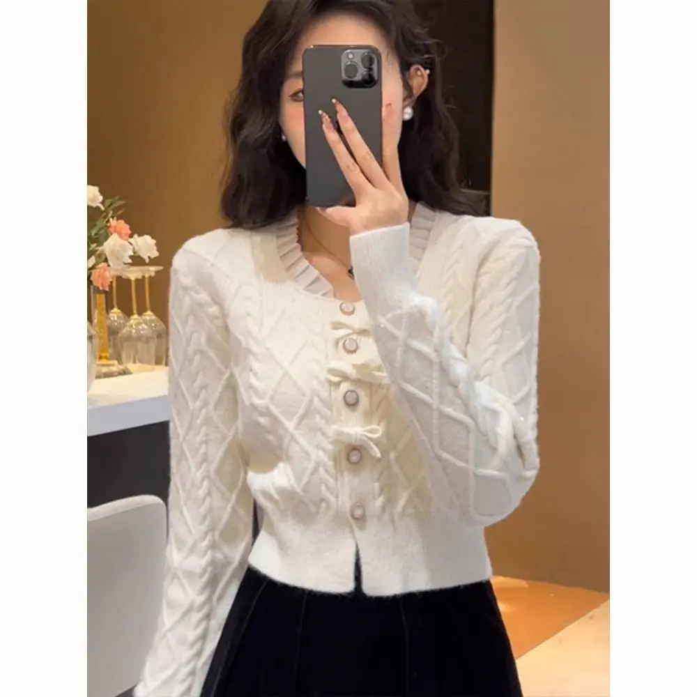Chaqueta suéter con lazo de encaje francés para mujer, cárdigan de punto holgado y a la moda, Top corto, primavera y otoño
