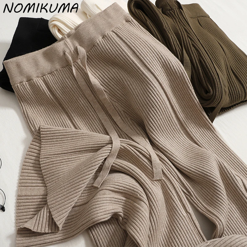 Nomikuma Knitted Long Pants for Women Autumn Winter 2023 New Casual Drawstring Elastic High Waist Sweater Wide Leg Pants Mujer