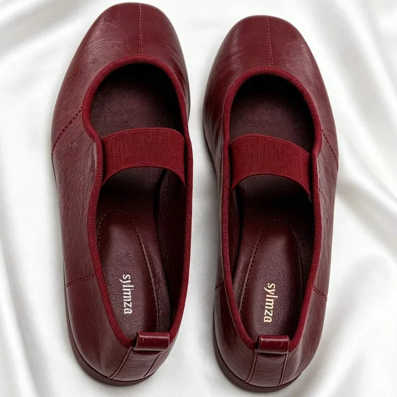 Fotografia 7: Moda couro macio ballet flats feminino dedo do pé redondo conforto casual sapatos planos femininos mules conciso marca mary jane sapatos para mulher