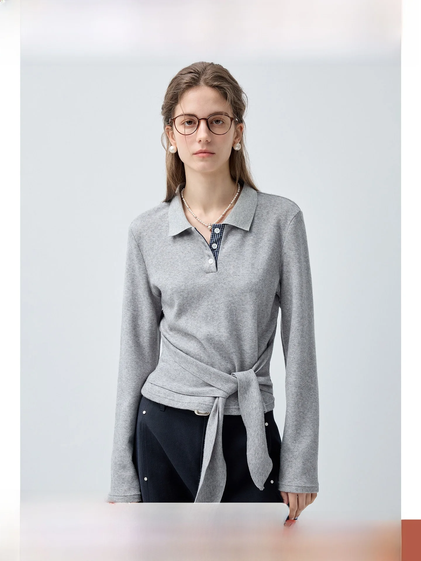 

Женская футболка больших размеров, стандартный крой, с длинным рукавом, отложным воротником, утягивающая талию, повседневная, весенняя мода