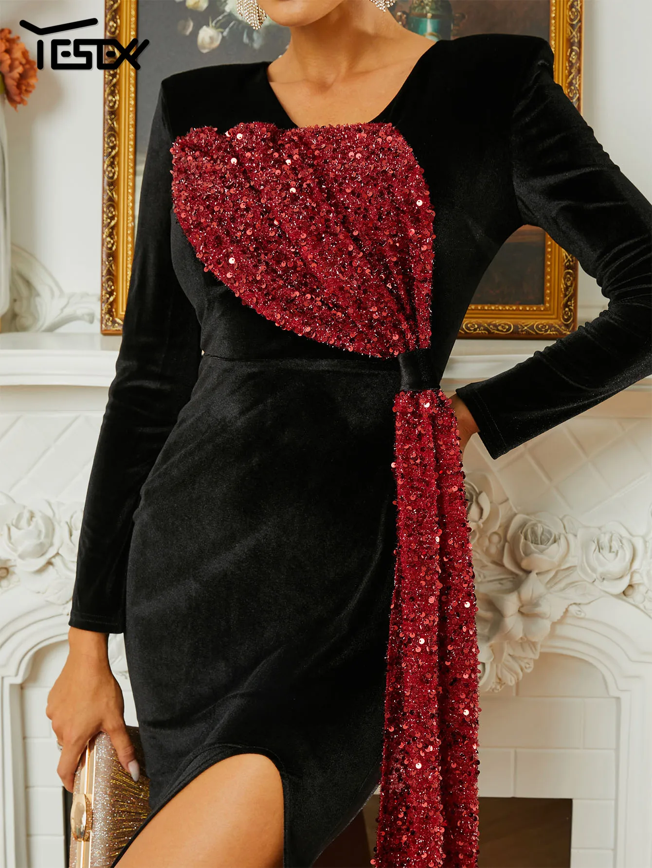 Yesexy Chic Elegant Woman Dress Formal Draped Velvet Black Split Evening Cocktail Prom Dress