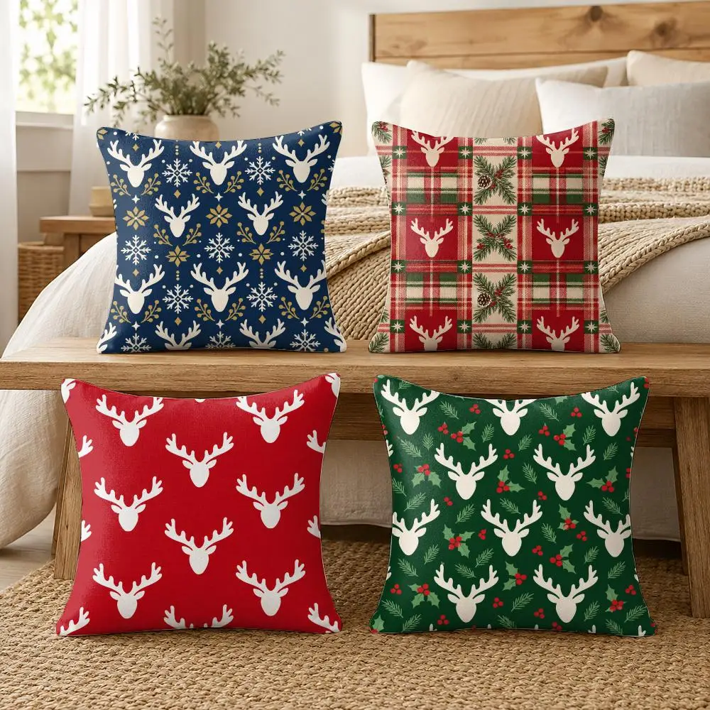 Red Reindeer Christmas Cushion Cover Soft Short Plush Pillow Cases Hidden Zipper Cutecore Sofa Bedroom Home Decor Gift